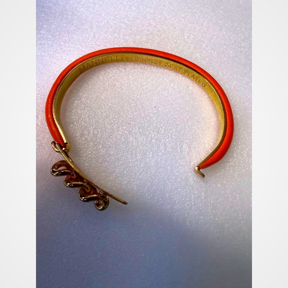 Mannelli Florence Orange Leather 24KT Gold Plated Curb‎ Link Bangle Bracelet - Picture 6 of 6